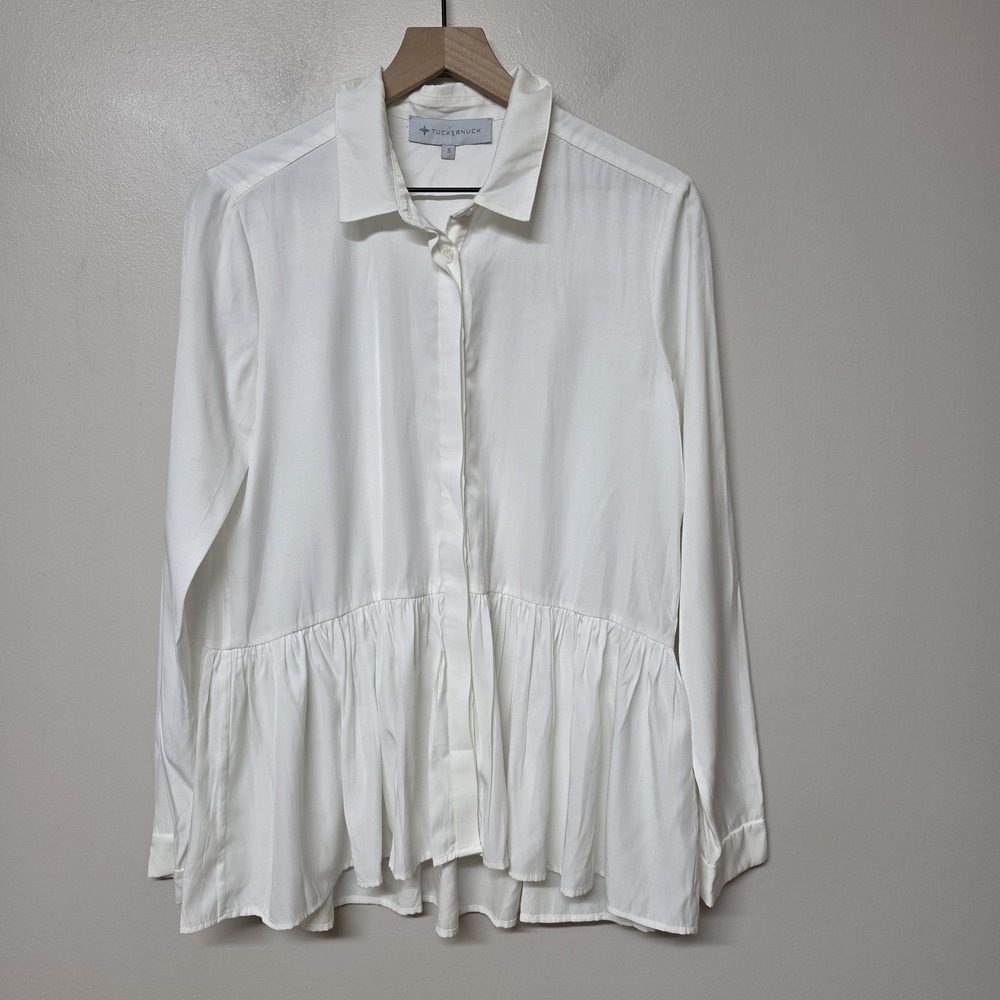 Tuckernuck Women's Charlotte Long Sleeve Button Down Peplum Blouse White Sz S